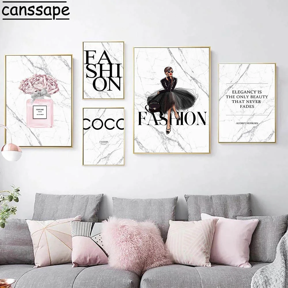 

Fashion Wall Posters Pink Perfume Bottle Art Prints Grey Marble Poster Mural Nordic Canvas Painting Modern Girl Bedroom Decor