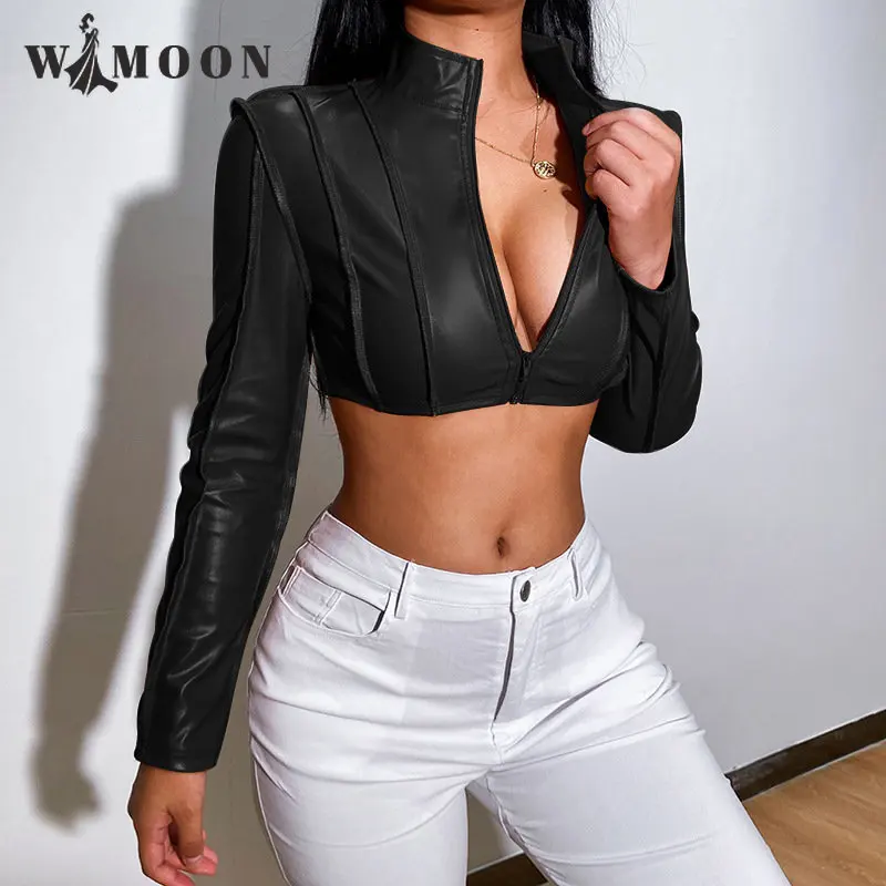 Long Sleeve Tide Short Coat  Women Autumn Winter New Ultra Short Zipper Leather Coat Sexy Club Bodycon Party Leather Jacket