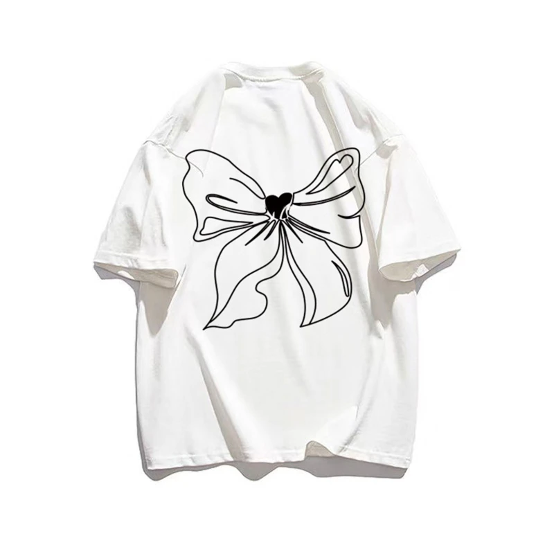 

Women Harajuku Short Sleeve T-Shirt Heart Bowknot Double Side Print Oversize Top