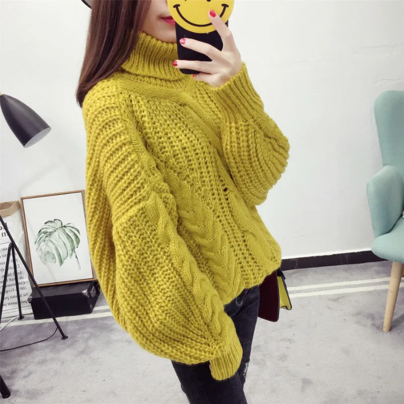 

Autumn 2022 Winter Thick Coarse Yarn Long Sleeve High Collar Knitted Sweater Women Pullover Korean Turtleneck Knit Tops Female