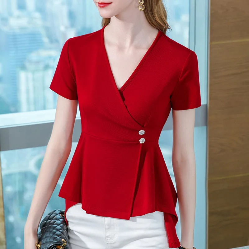 

Women's V Neck Sexy Cross Pleated Shirt Short Sleeve Elegant Casual TShirt Solid Color Cotton Pullover Y2k Tops Fashion Clothing