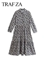 traf za 2022 fashion dress retro casual long sleeves lapel pullover button black and white geometric loose swing skirt women