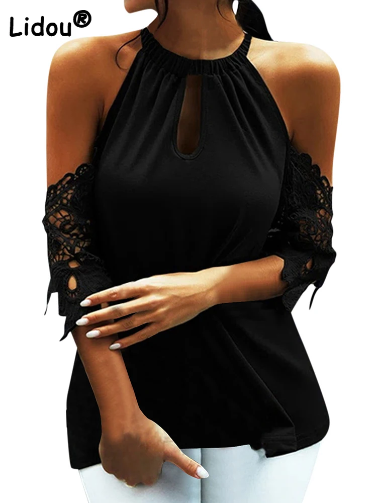 

Solid Color Lace Off Shoulder Hollow Out Halter T-shirt Basic&Casual Loose Top Female Vintage Short Sleeve Summer Woman Clothes