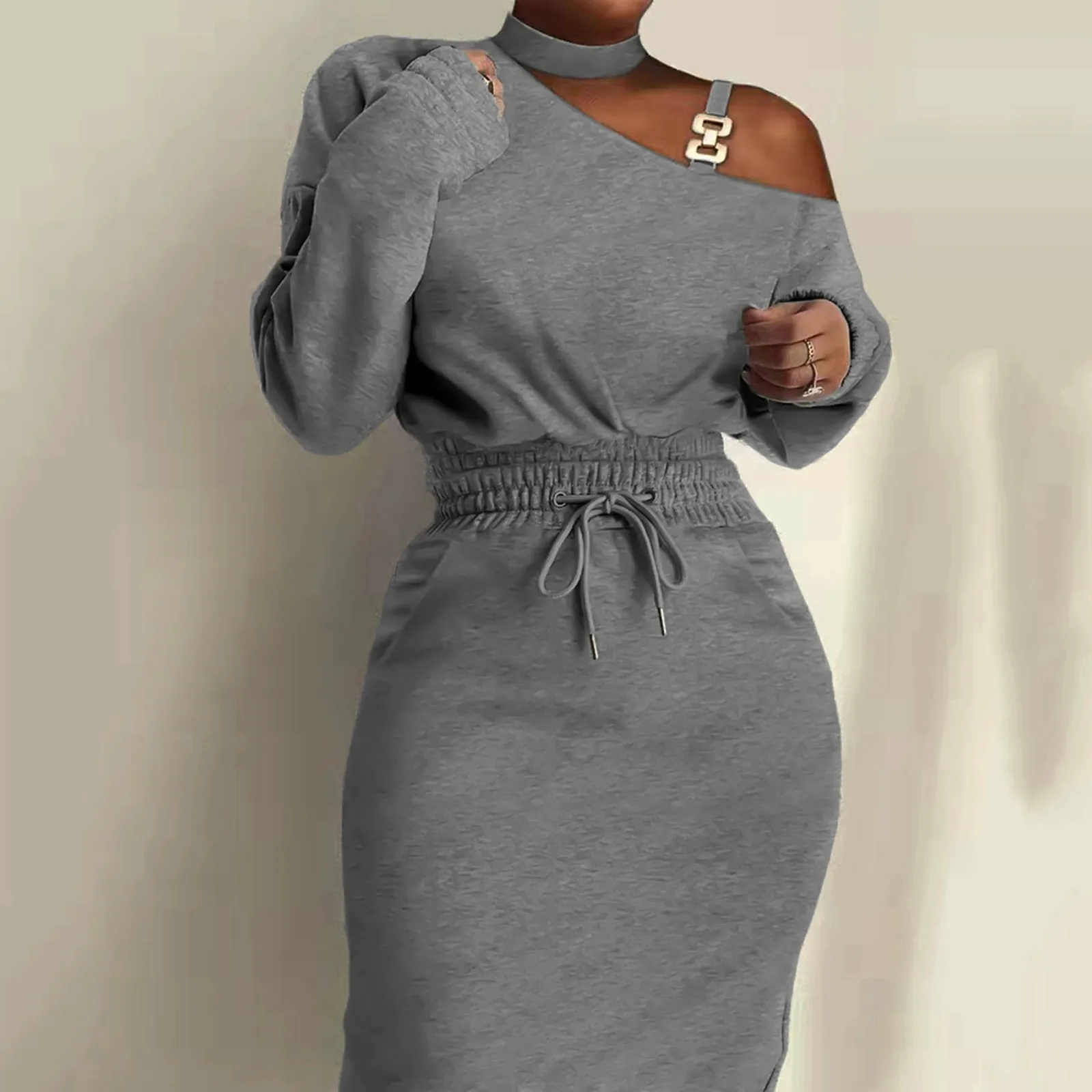 

Autumn Winter Long Sleeve Slanting Shoulder Sexy Hip Dress Women Slim Waist Lace Up Bandage Dresses Solid Fashion Streetwear