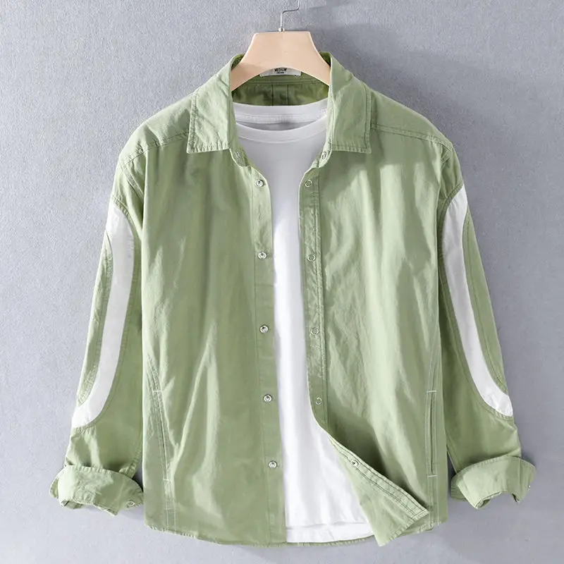 

New Casual Men's Long Sleeve Stitching Shirt Pure Cotton Trendy Contrast Color Retro Comfortable Youth Personalized Men's Clothi