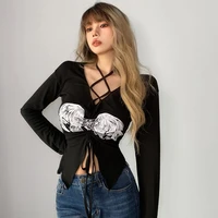 2022 new spring and autumn thin section printed cross strap t shirt womens halter neck v neck contrast color slim fit sexy top