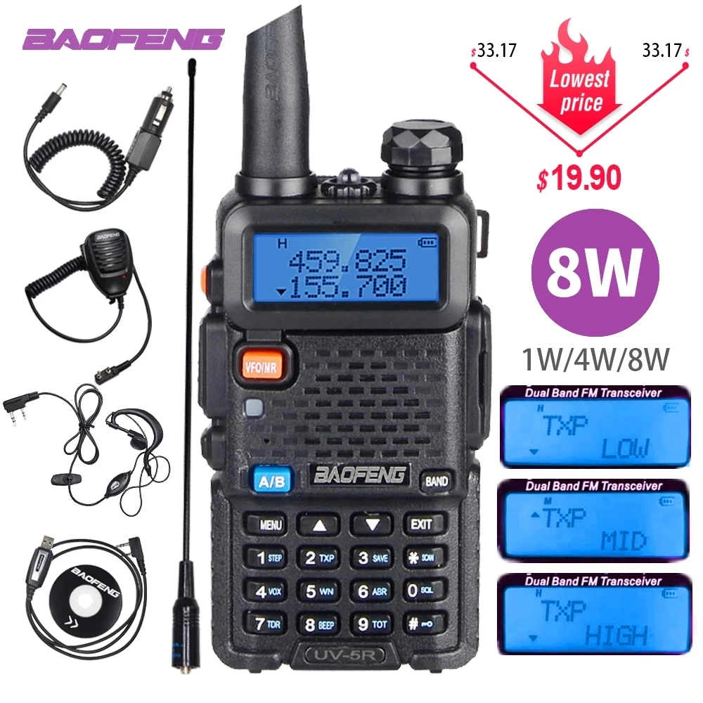 

Original Baofeng Walkie Talkie UV-5R Two Way CB Radio Dual Band UV5R Ham Radio 128CH VHF UHF 136-174MHz/400-470MHz HF Transceive