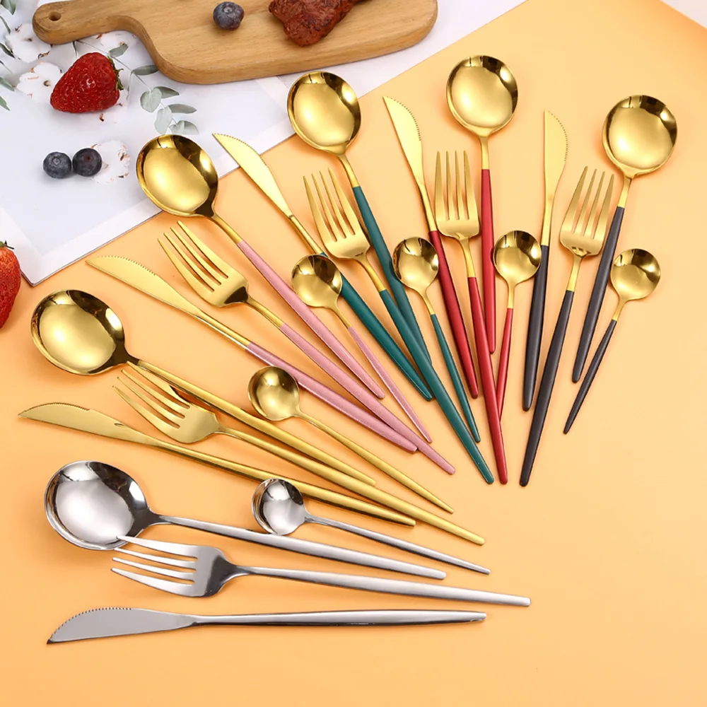 

E2 24pcs Gold Dinnerware Set Stainless Steel Tableware Set Knife Fork Spoon Flatware Cutlery Set Utensils for Kitchen Dinner Set