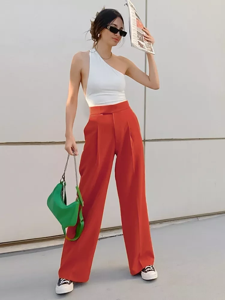 

Orange High Waist Woman Pants Street Style Pleated Wide Legs Trousers Spring Summer Button Classic Long Pants Female