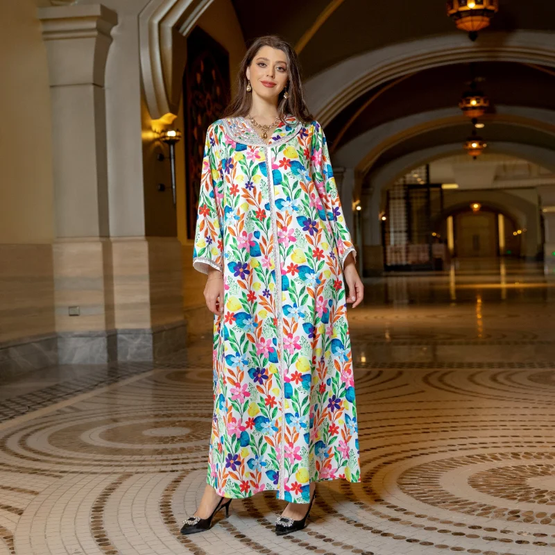 Luxury Diamonds Women Middle East Evening Dress Printing Lapel Neck Full Sleeves Elegant Muslim Arab Robe Abaya