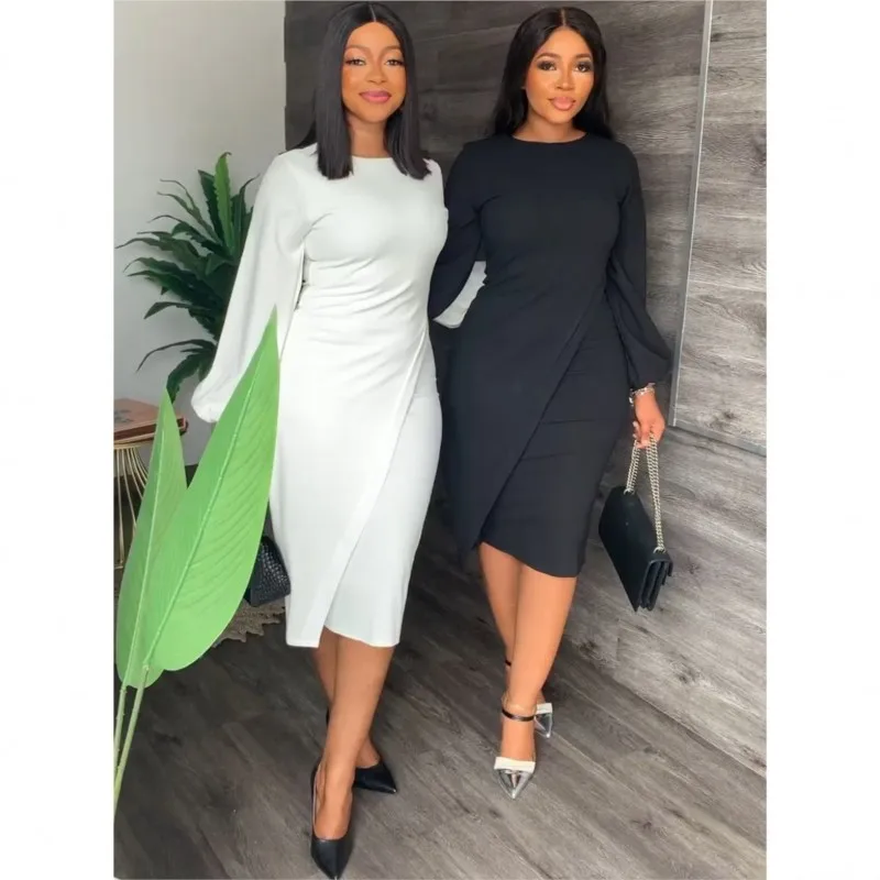 

Fashion Elegant Party Dresses Long Sleeve Skinny Black White Pencil African Dresses For Women Office Lady Ankara Robes Autumn