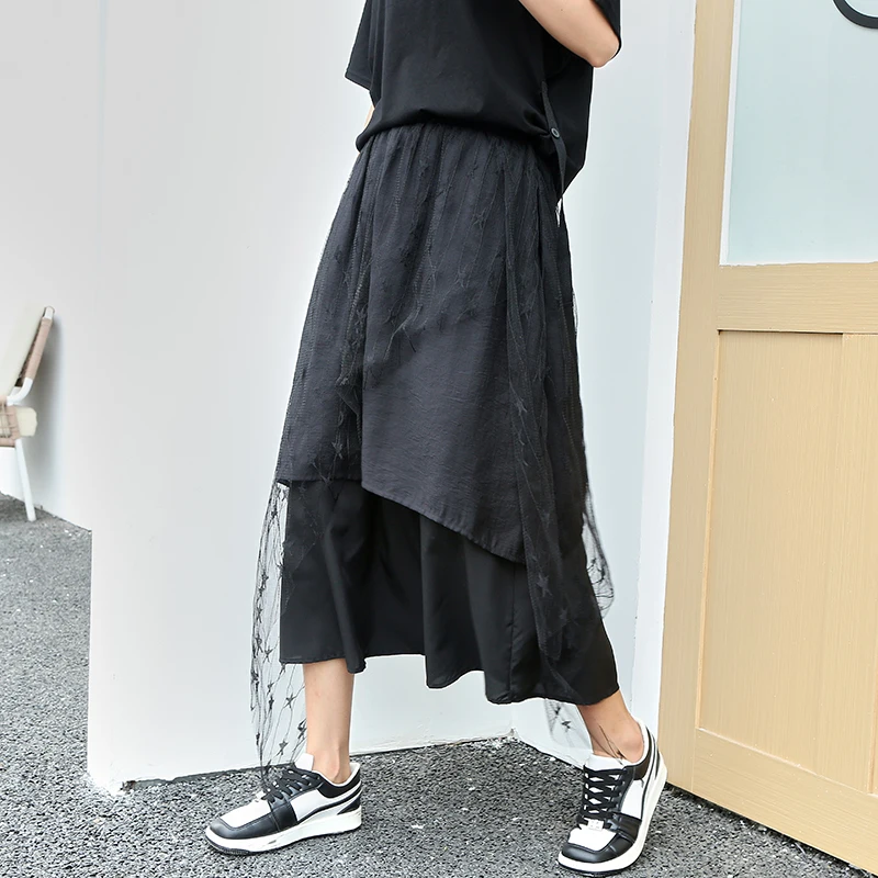 

230421 Mesh Lace Patchwork Skirt Black Irregular Loose Fashion Personality Street Trendy All-match Women 2023 Summer New