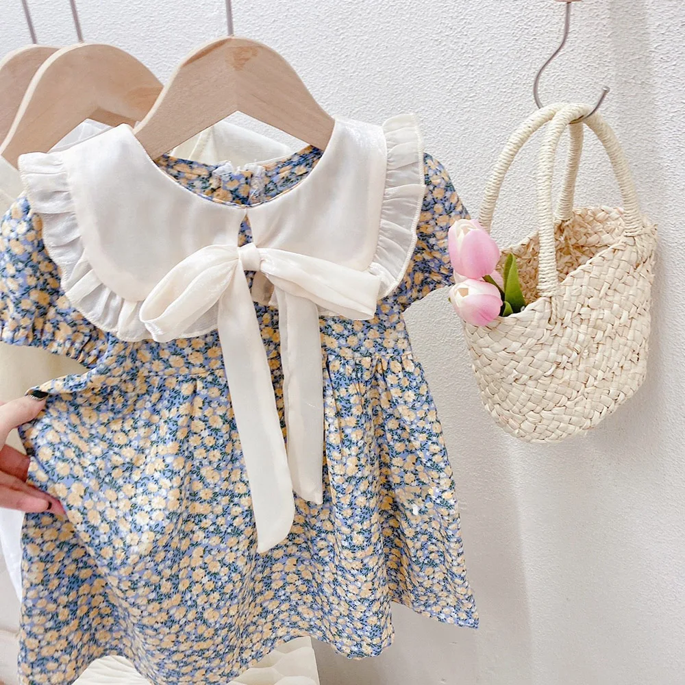 

Cute Short Sleeve Baby Girls Floral Dress 2022 Summer Sweet Ruffles Peter Pan Collar Bow Princess Dresses for Party 2-8Years Old