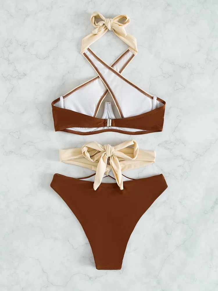 Женский купальник бикини новинка 2025 года однотонный комплект с лямкой на шее