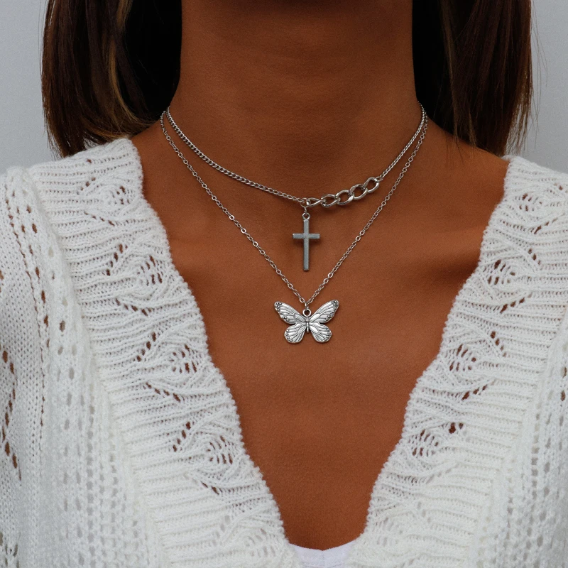 

Multilayer Aesthetic Pendant Cross Butterfly Necklace for Men Women Golden Silver Chain Choker Necklace Jewelry Wholesale Supply