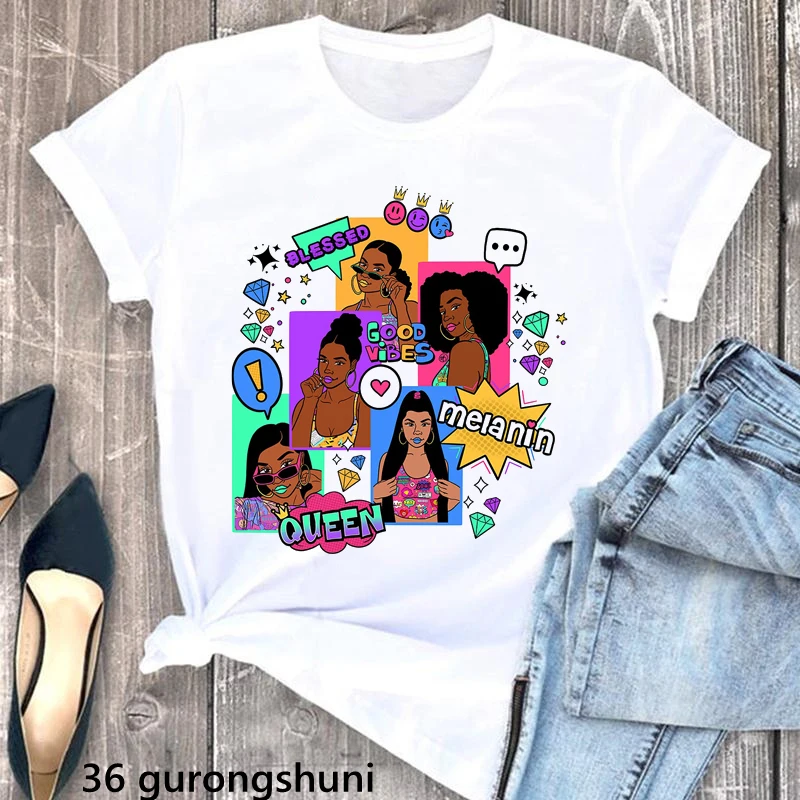 Funny Tshirt Women Fashion Blessed Melanin Queen Good Vibes T-Shirt Femme Fashion Black Girls Makeup T Shirt Female Streetwear