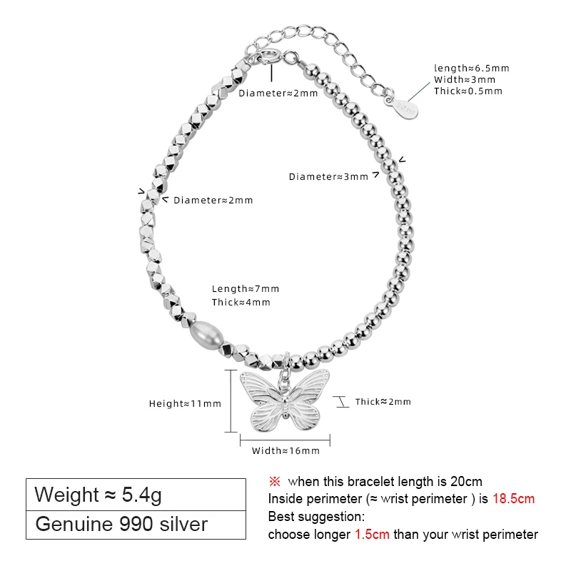 Браслет ZABRA из стерлингового серебра 990 пробы с жемчугом и бабочкой для женщин