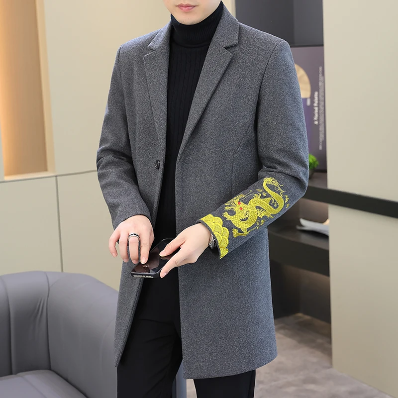 Длинное зимнее мужское пальто с вышивкой дракона верхние теплые шерстяные