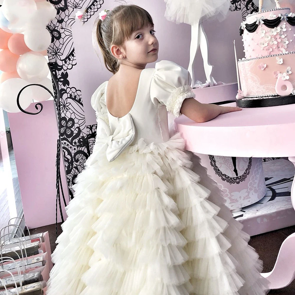 

Layer Ball Gown Girl Princess Dress Satin Bow Girl Birthday Dress Ivory Backless First Communion Dressesrobe de princesse fille