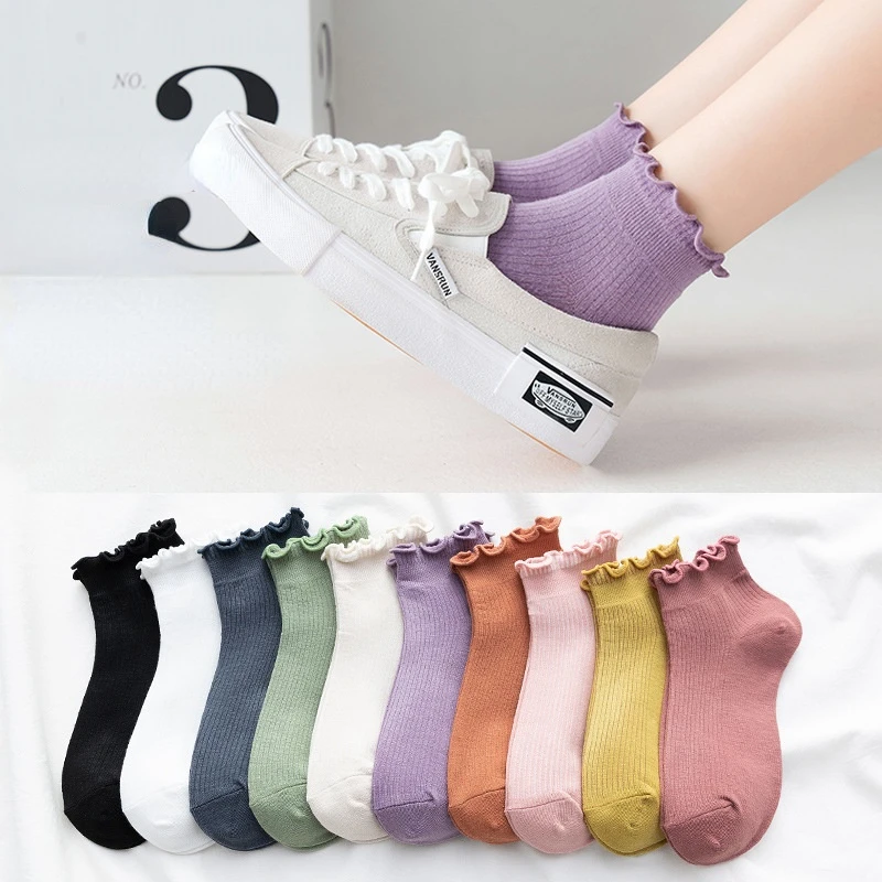 Frilly Socks Women White Kawaii Short Ruffle Socks For Girls Japanese Fashion Summer Cotton Purple Cute Low Tube Woman Sock