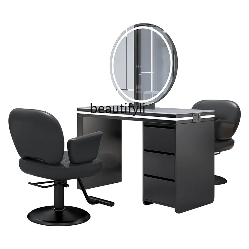 

Hair Salon Dressing Table Single-Sided Marble Haircut Mirror with Light Hot Dyeing Table with Cabinet