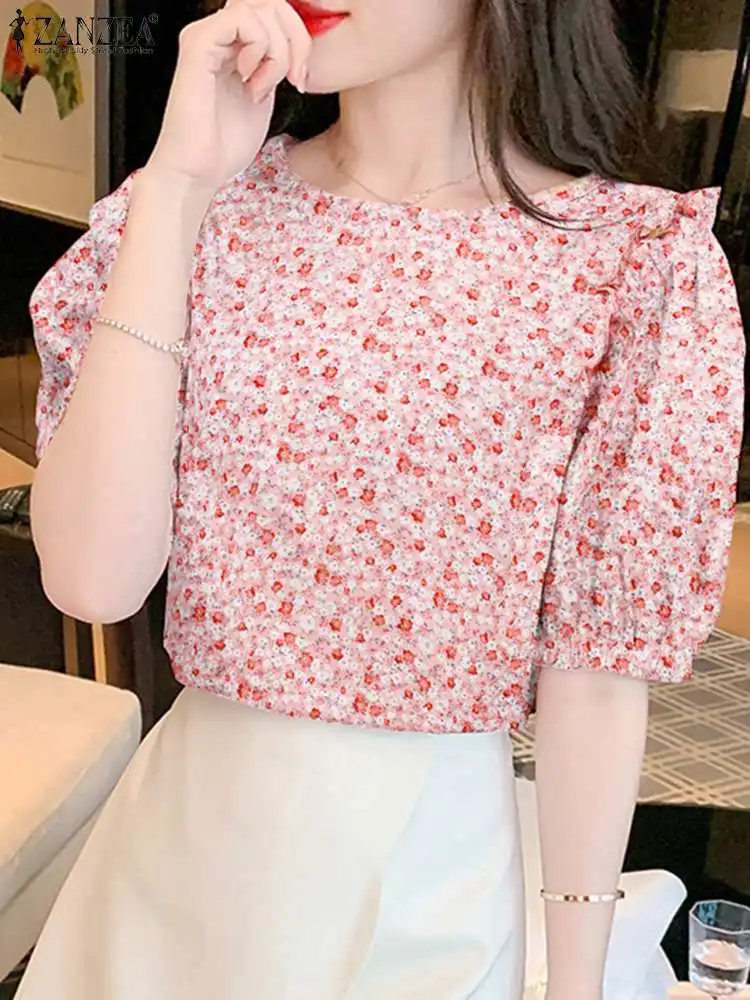 

ZANZEA Summer Fashion Floral Printed Tops Half Sleeve O-Neck Blouse Female Casual Ruffles Shirt Holiday Beach Chemise Oversized