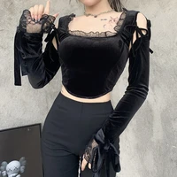 zeli european and american stitching trumpet sleeve new y2k t shirt dark girl pure color bottoming lace vest long sleeved shirt