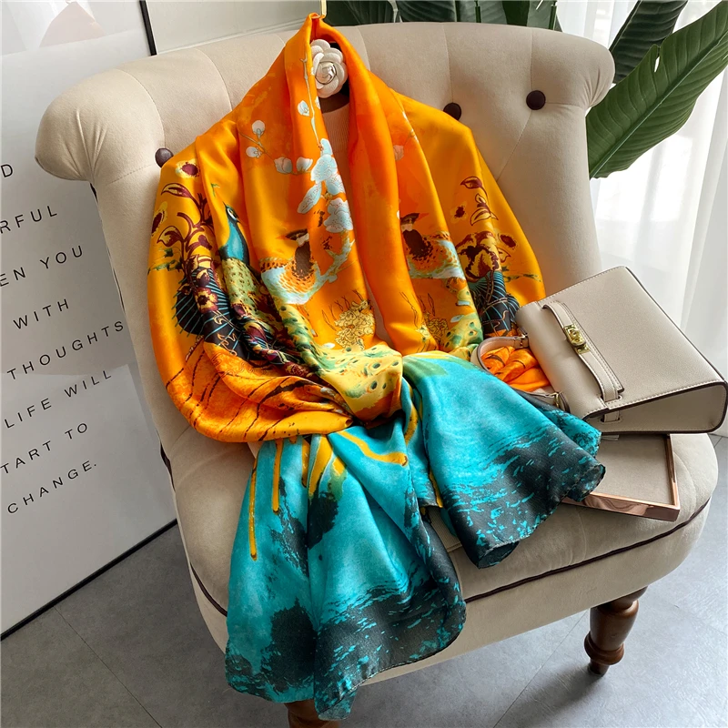 Bufanda de seda de marca de lujo para mujer, chal de satén de diseño de playa, Hijab estampado, pañuelo grande para la cabeza, estolas 2022