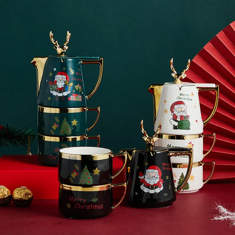 

Multiple Options Nordic Christmas Ceramic Teapot Cup Set Santa Claus Tea Elk Box Home Gift New Year Thermal Tableware