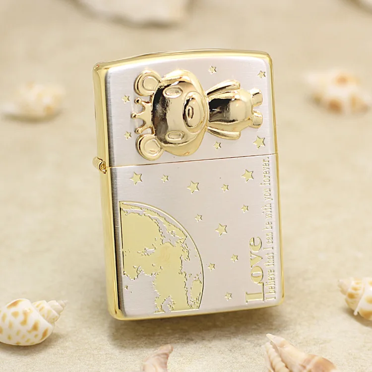 

Genuine Zippo Golden teddy bear oil lighter copper windproof cigarette Kerosene lighters Gift with anti-counterfeiting code