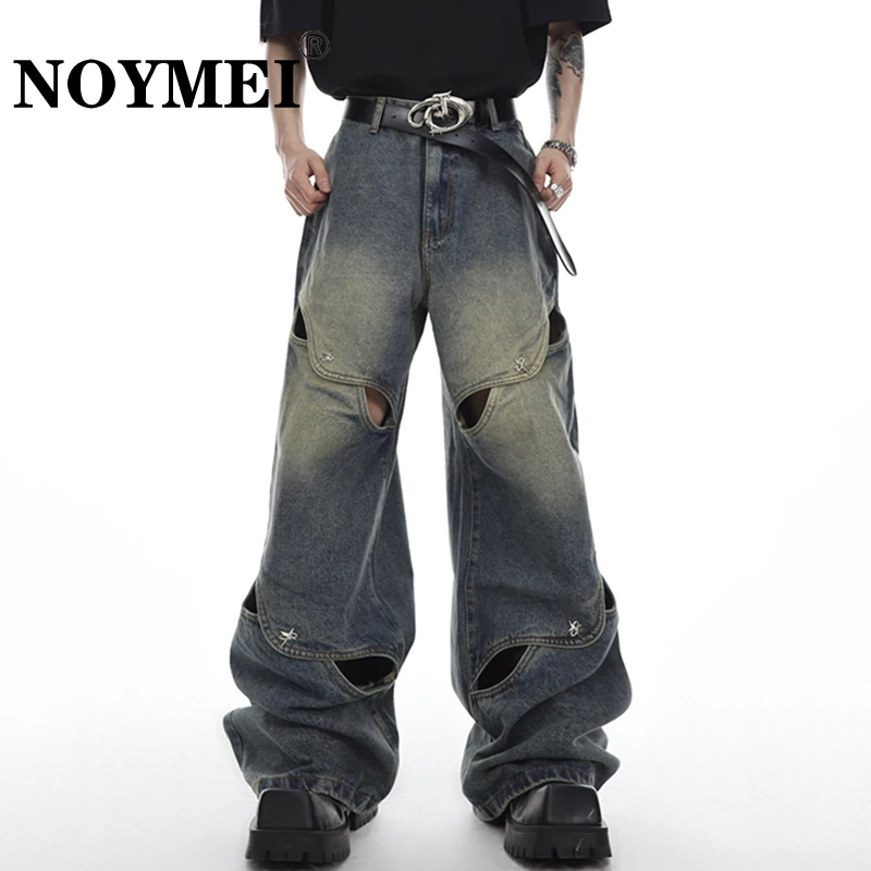 

NOYMEI Male Y2k Jeans High Street Patchwork Loose Men Hollow Out Trendy Vintage Metal Button Straight Denim Pant Wide Leg WA1321