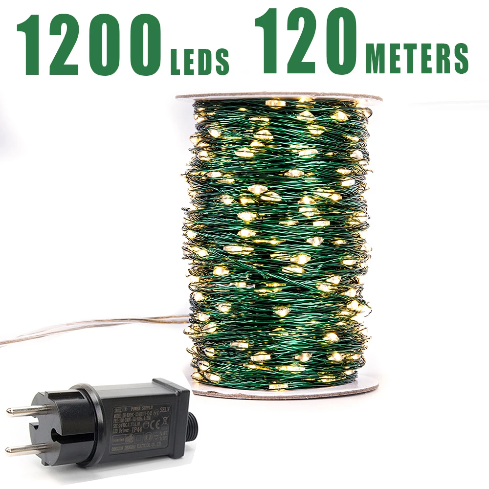 

Green Cable 1000 LED String Lights 100m Christmas Fairy Lights Outdoor Waterproof Tree Garland Christmas Holiday Decorration