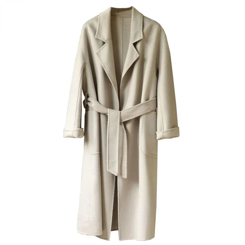 

Женское двухстороннее шерстяное пальто, элегантное Свободное пальто с поясом из 2024-ной шерсти, Осень-Зима 100%