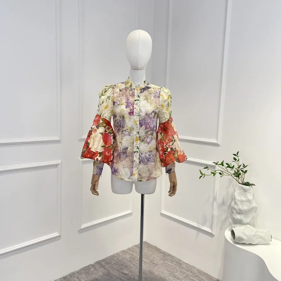 

Женские винтажные элегантные блузки, льняные и шелковые блузки на пуговицах с рукавами-фонариками и цветочным принтом, 2023