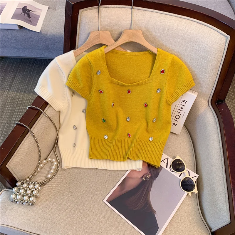 Женский трикотажный пуловер с цветными стразами модная футболка в Корейском