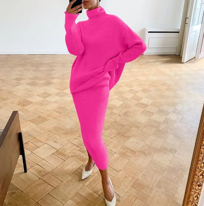 Вязаные пуловеры из двух предметов женские зимние водолазки свитер и юбка с