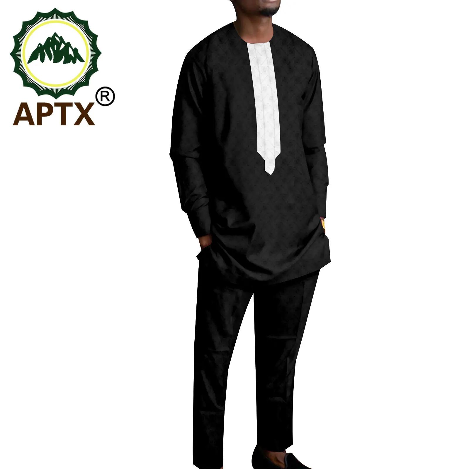 APTX African Men's Set 2 Pieces Full Sleeves Top+Slim Pants Daily Casual Suit Polyester Material TA2216146