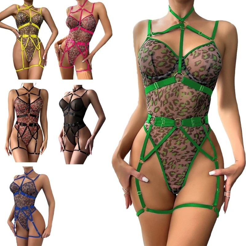 

Женское боди с леопардовым принтом, прозрачное боди без рукавов с открытой спиной и подвязками, боди, нижнее белье, эротическое