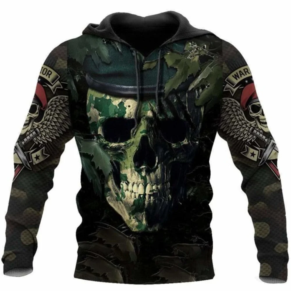 

Men's Sweatshirts Autumn ArmyGreen Skull Pattern Fashion Camouflage Soldier Clothes Outdoor Sports Pullover Oversized Hoodies