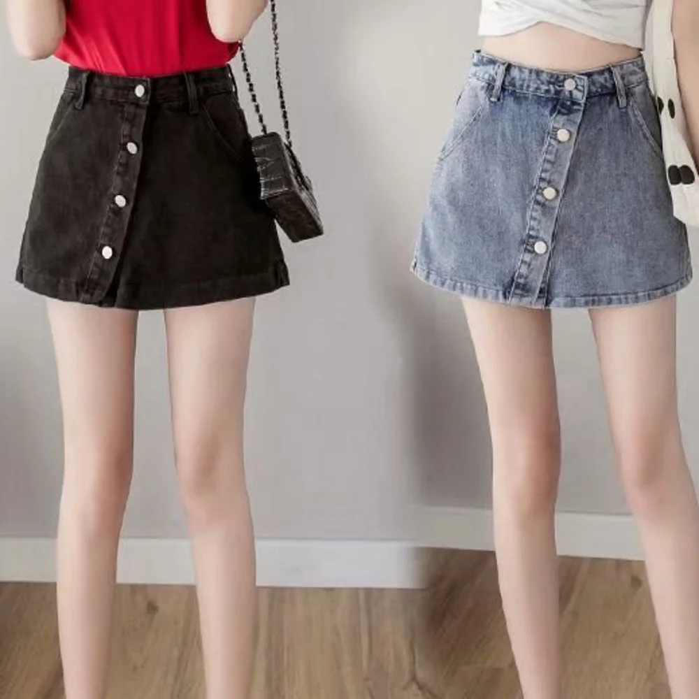 

Fashion New Summer Women High Waist Button Wigh Leg Jeans Shorts Casual Female Loose Fit Blue Denim Shorts