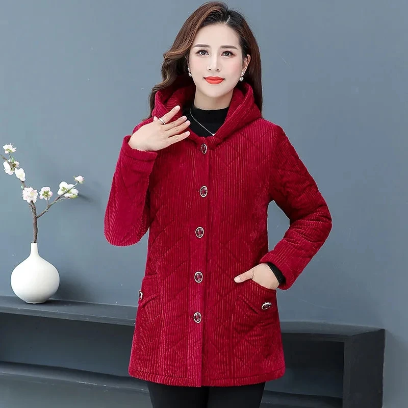 Parkas Women 2022 Winter New Fleece Thicke Corduroy Outerwear Cotton Jacket Female Hooded Padded Coat Clothes Basic Coats