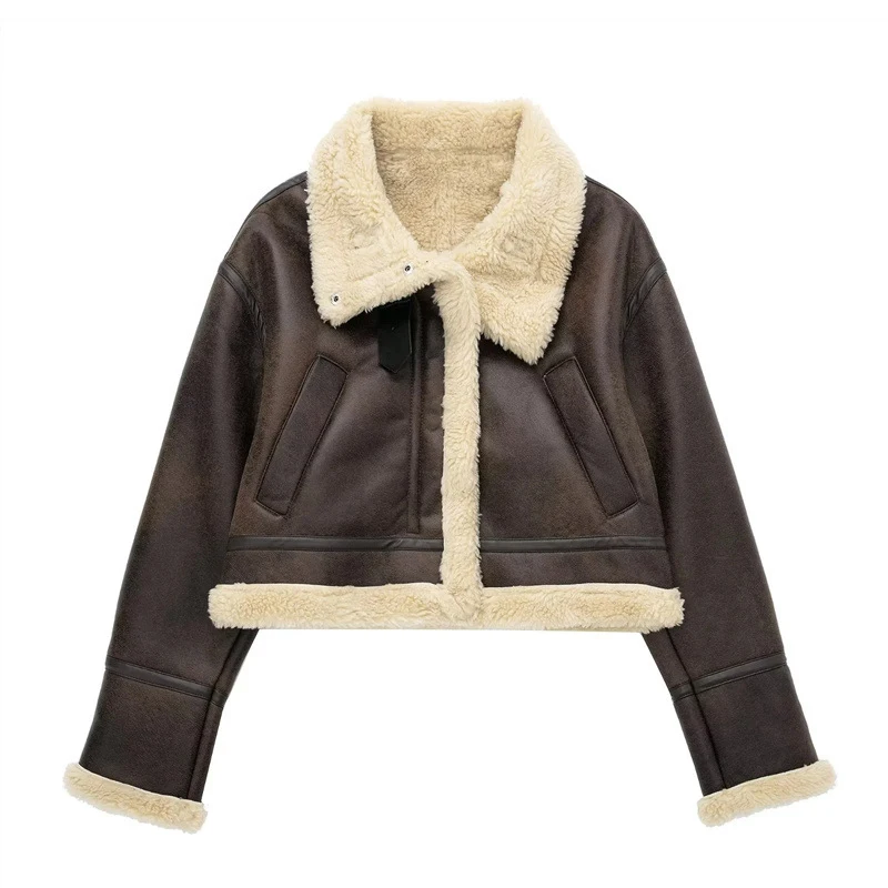 Cropped Faux Leather Jacket for Women Black Fur Lining Turndown Collar Suede Biker Jacket Short Coat Streetwear Cropped Top