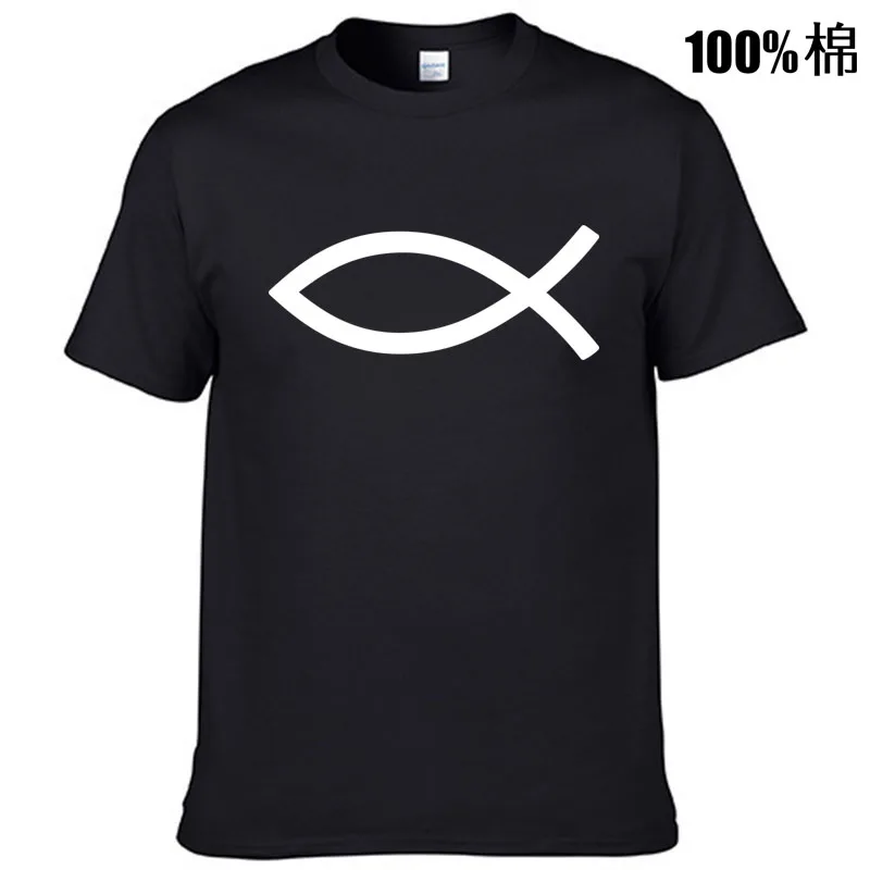 Мужские футболки с простым принтом Иисус Рыба 100% хлопок одежда круглым вырезом