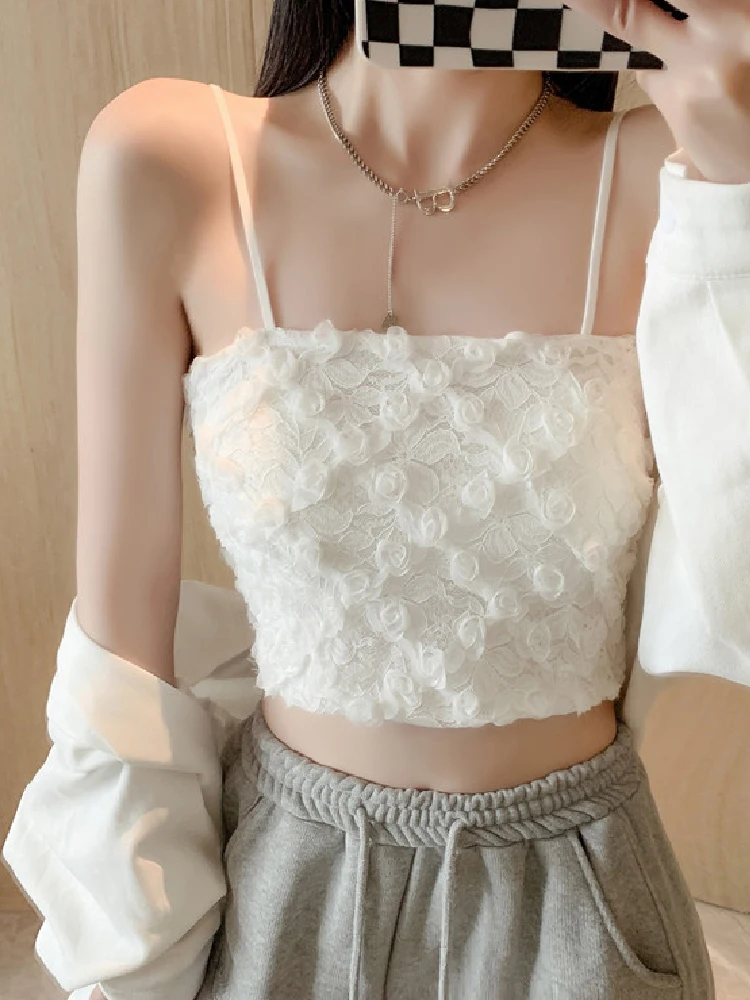 

Japanese Summer Women Corset Top White Black Floral Lace Sexy Crop Top Sleeveless Slim Feminine Camis Short Tank Women Top 2022