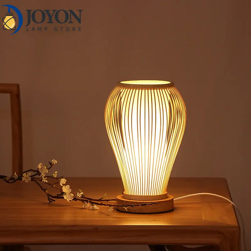 Bamboo Woven Table Lamp Eco-friendly Wooden Bedside Light Night for Bedroom Feeding Indoor Art Decoration Lighting E27 Bulb Plug