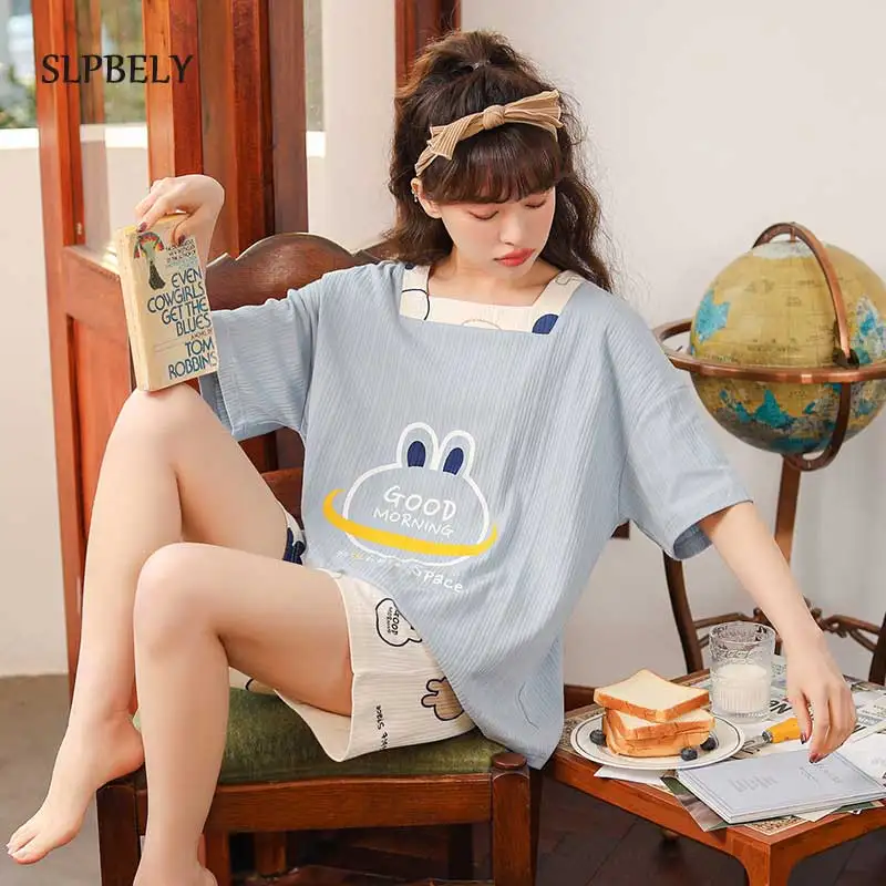 

SLPBELY Women Pajamas Set Homewear Summer Lovely Cartoon Short Sleeve Nightwear Mujer Pijama Sleepwear Kawaii Homesuit Sleepwear