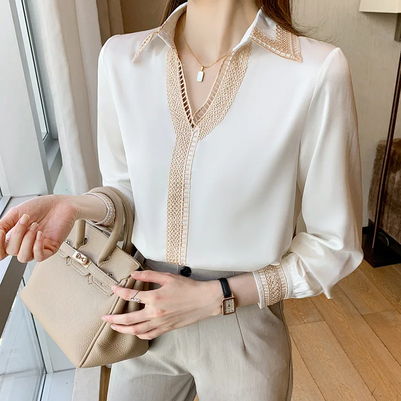 

Spring and autumn women's long sleeved white shirt women's elegant V-neck Lapel chiffon shirt mujer de Mada 2022 women's shirt