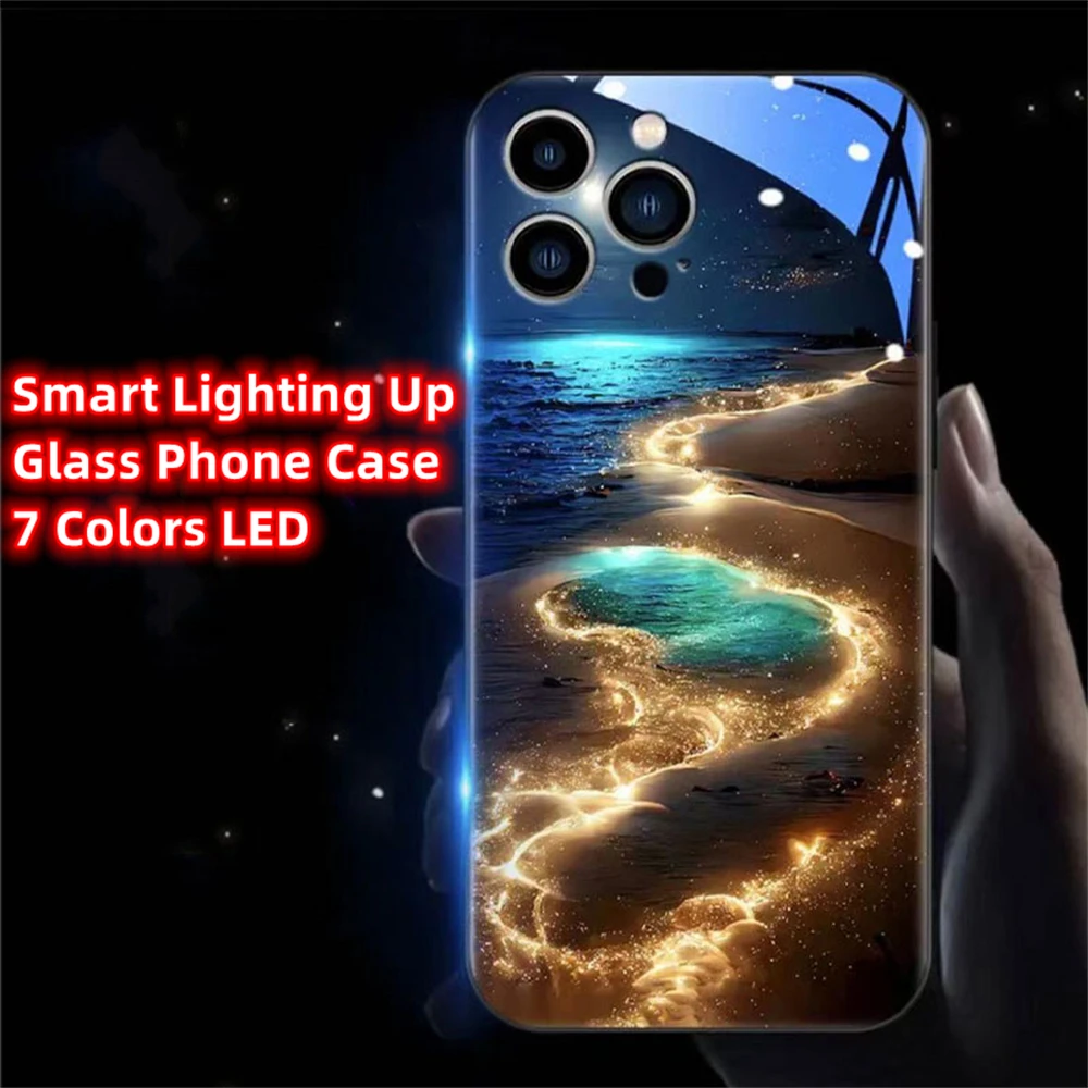 Фото Светящийся чехол Lucky Beach Moon Sea Smart LED из закаленного стекла для iPhone Air 17 16 15 14 13 12 11 Pro Max Plus №2