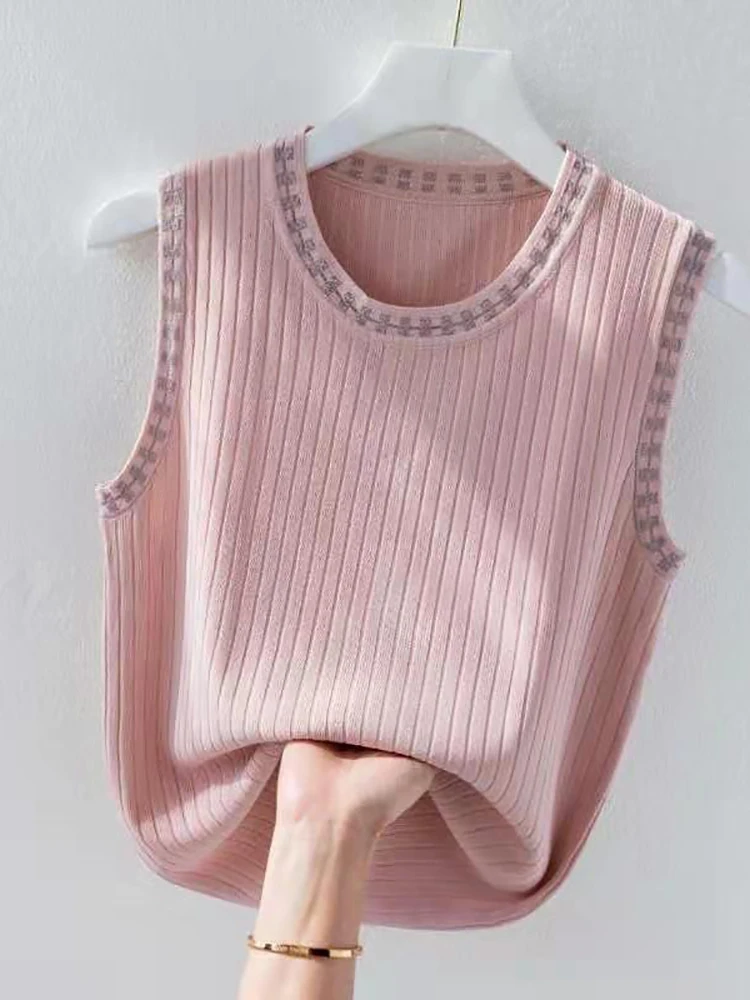 

Thin Pink Knitted Top Mujer Tank Tops Women Vest 2022 Summer Sleeveless Slim Camisole Elasticity Tanks Woman Clothes Haut Femme