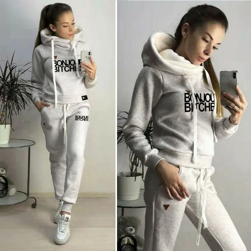 

Women Solid Fleece Tracksuit Casual Long Sleeve Hooded Sport Suits Autumn Warm Hoodie Sweatshirts and Long Pant Two Piece Sets